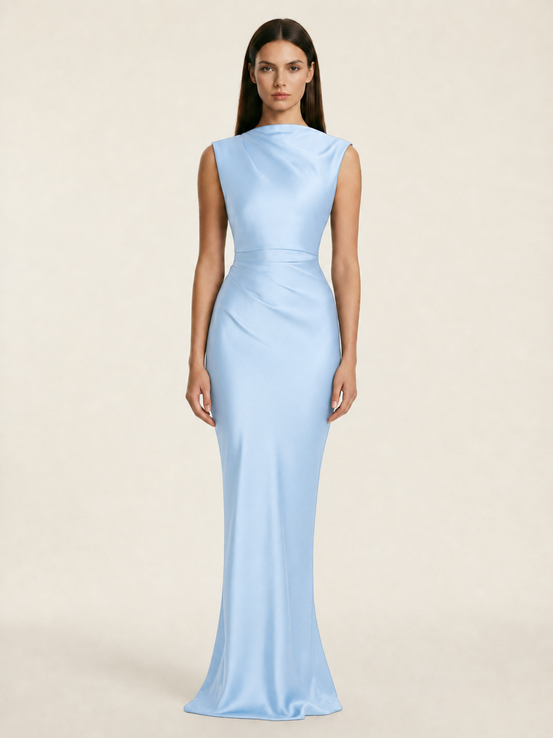 Sleeveless Draped Satin Mermaid Cutout Back Formal Dress