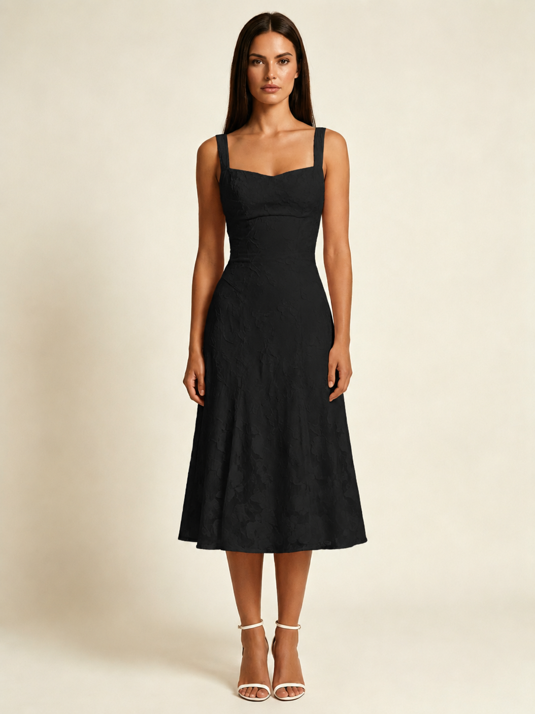 3D Floral Jacquard Square Neck Midi Dress
