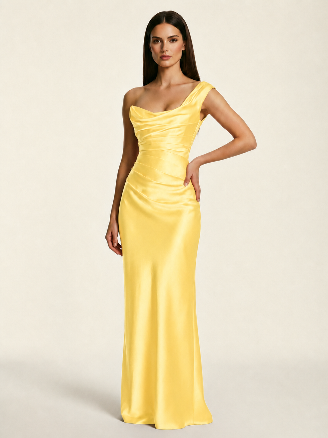 Single-shoulder satin back strap design formal dress