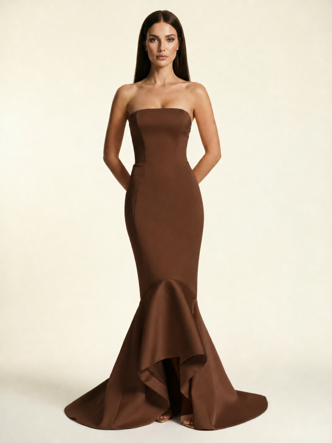 Strapless Satin Mermaid Dress With Ruffled Train & Lace-Up Back