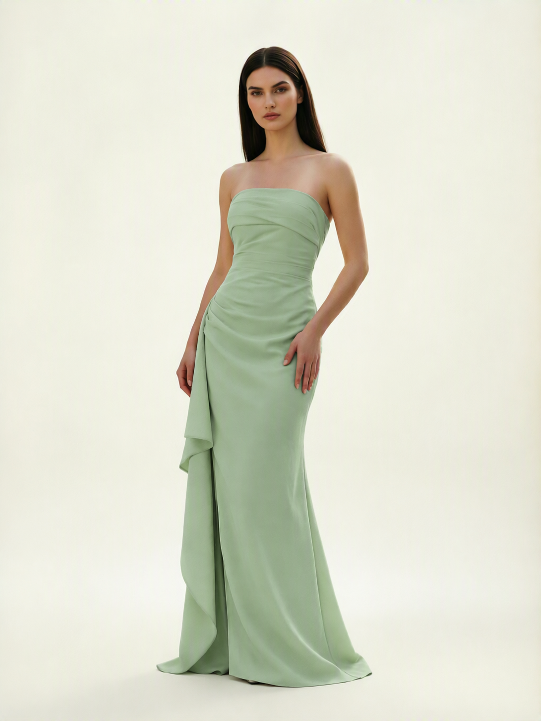 Strapless Mermaid Formal Gown with Side Slit & Draped Detail