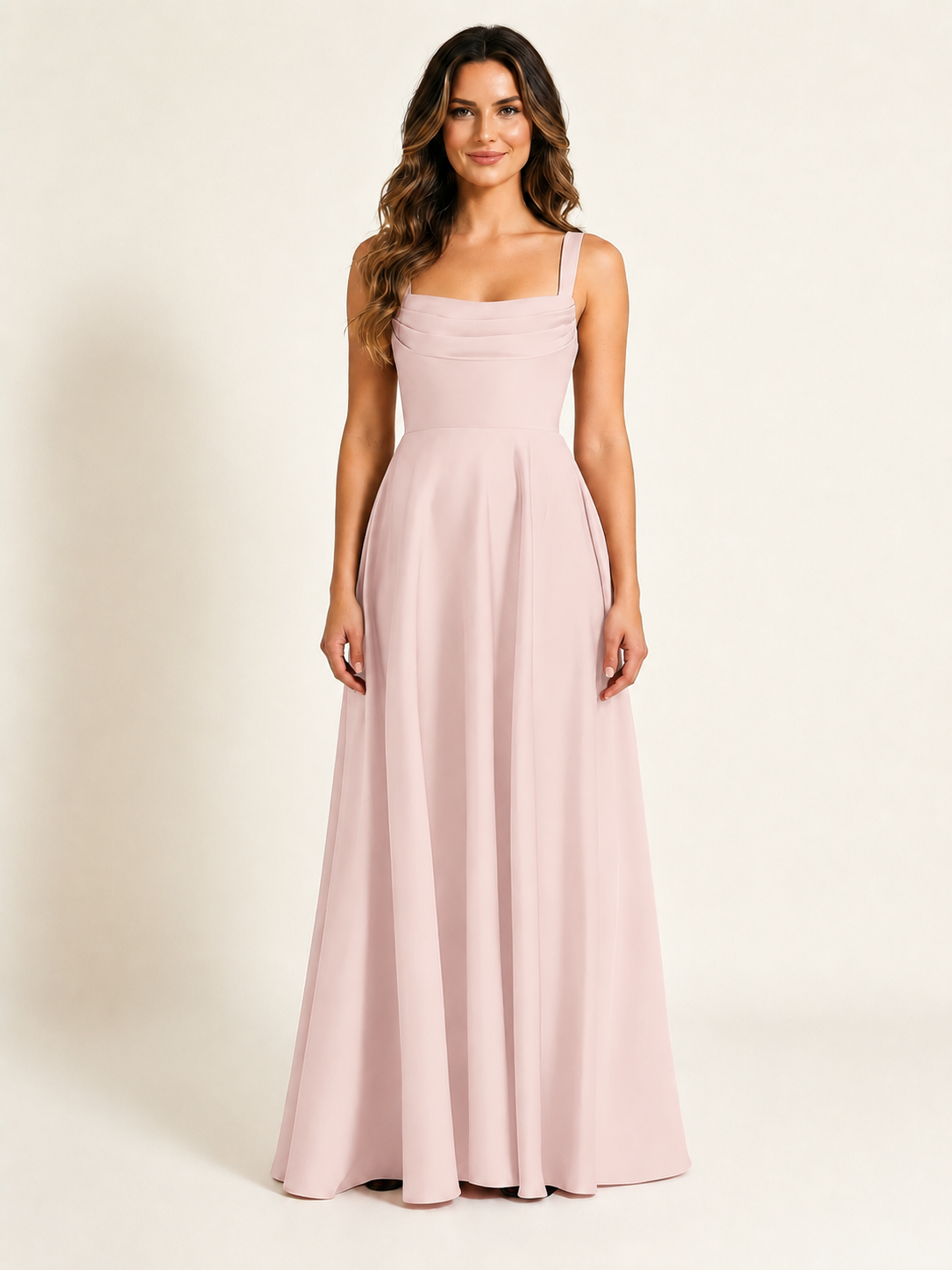 Satin Draped Cowl Square Neck A-Line Maxi Bridesmaid Dress