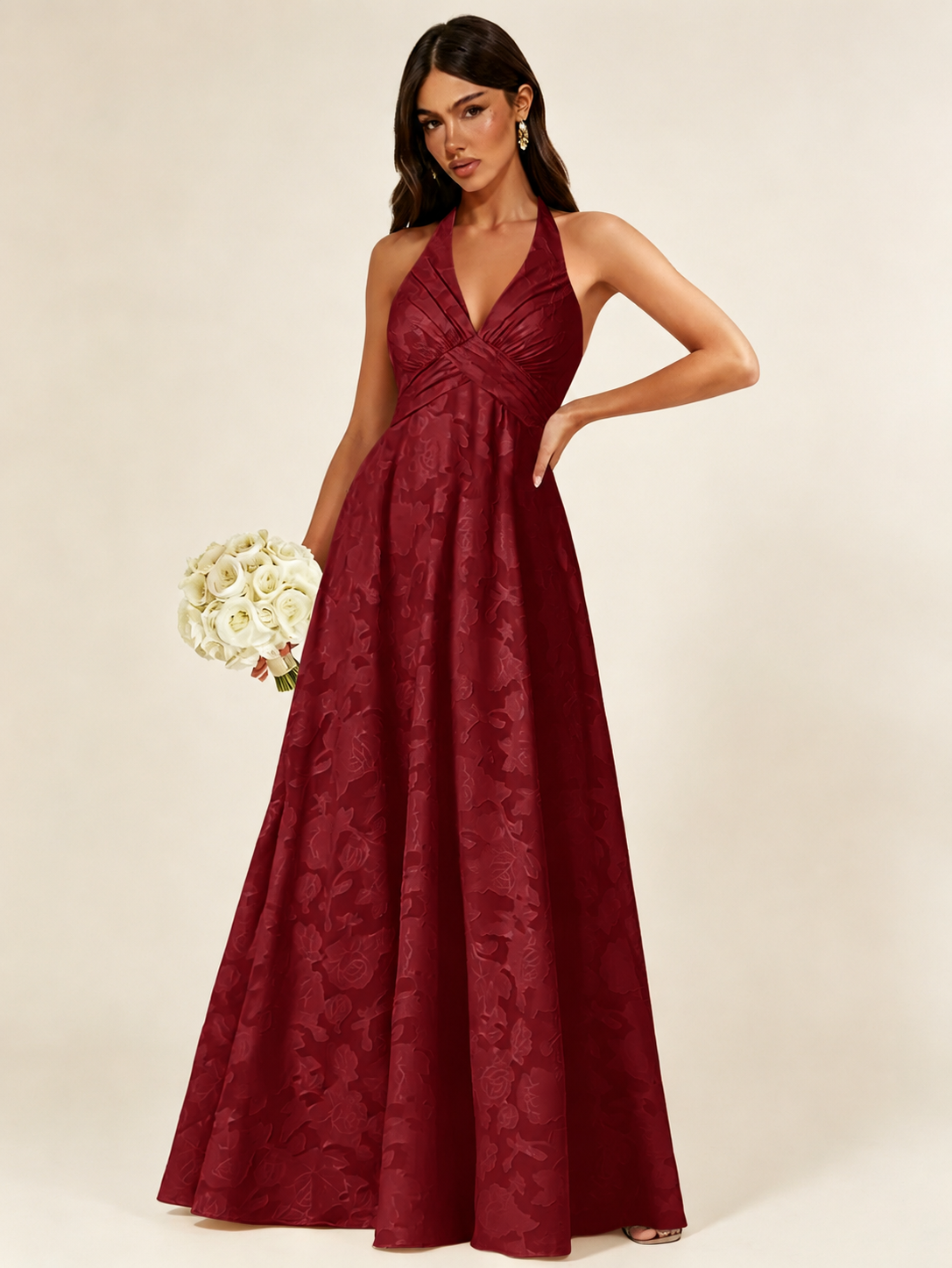 Floral Jacquard Halter Deep V A-Line Maxi Dress Backless Lace-Up Corset Bridesmaid Dress