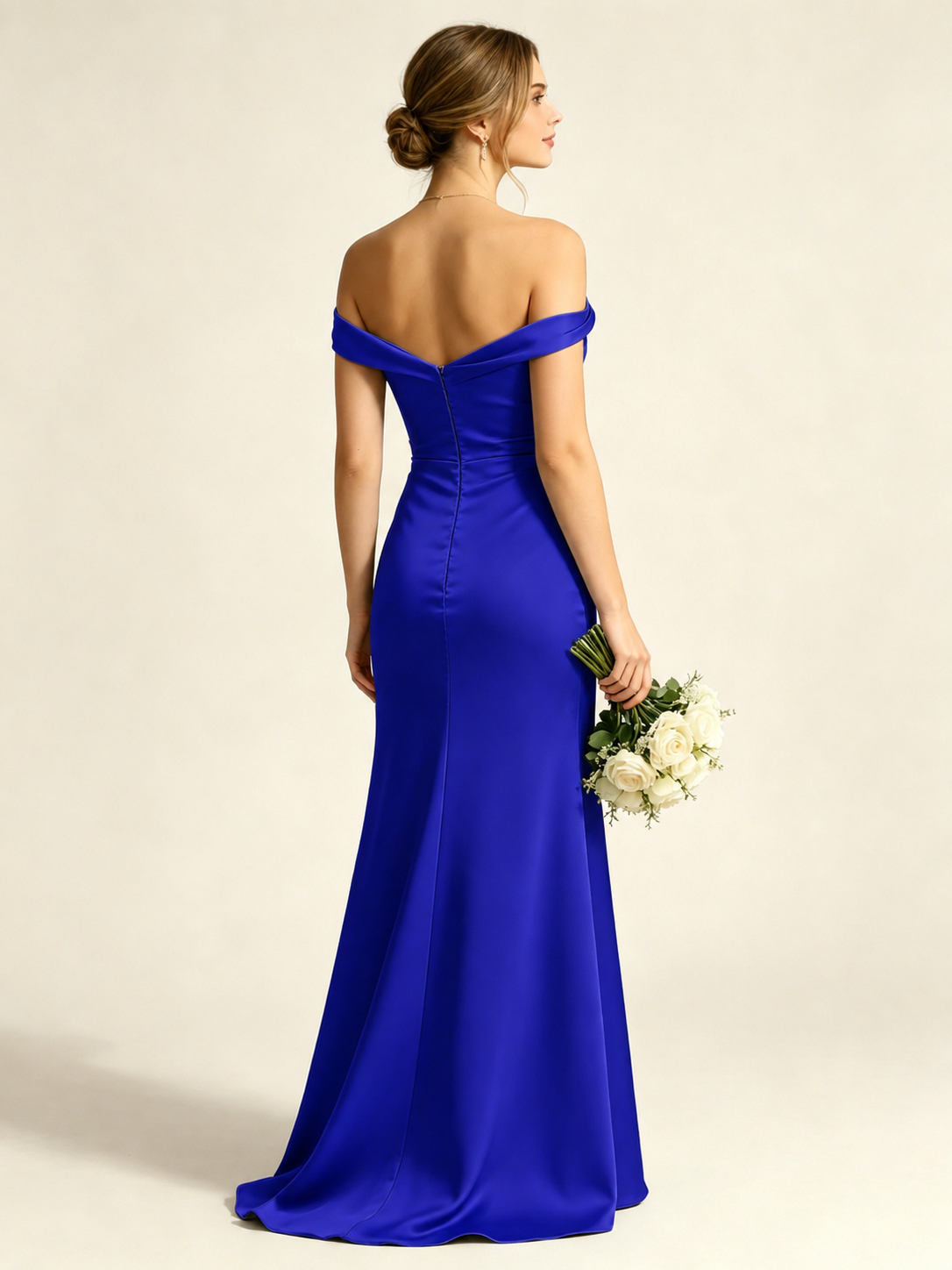 Satin Mermaid Bridesmaid Maxi Dress, Asymmetrical Off Shoulder Ruched Waist Open Back