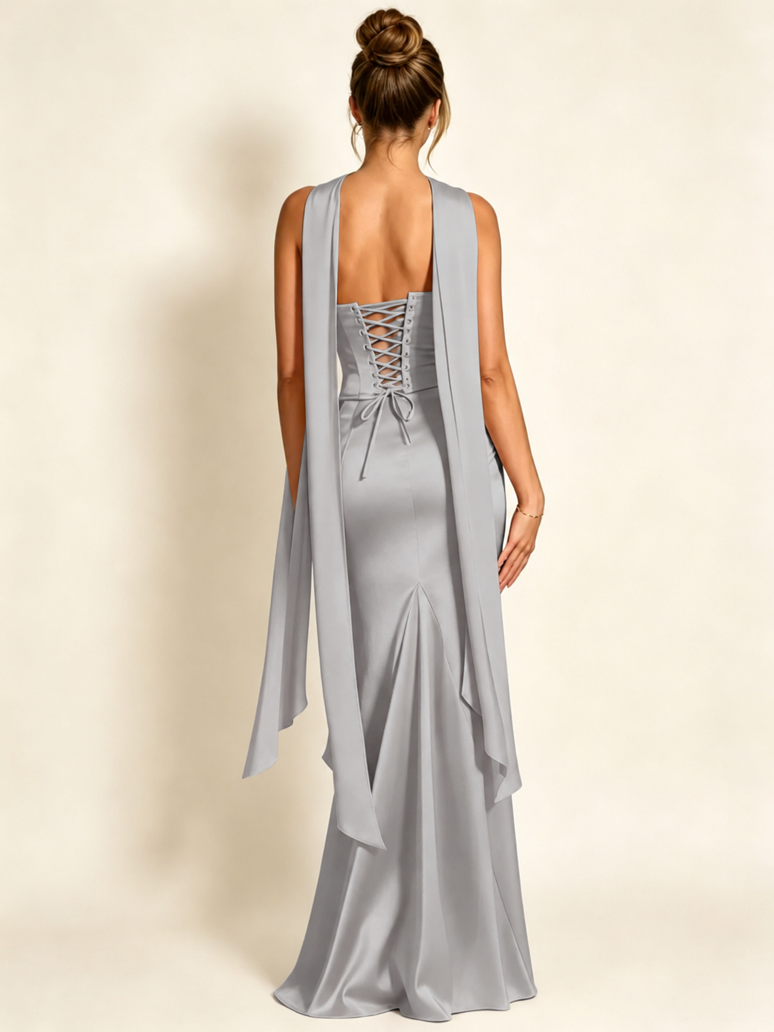 Satin Cowl Neck Mermaid Evening Dress with Corset Bodice and Draped Straps