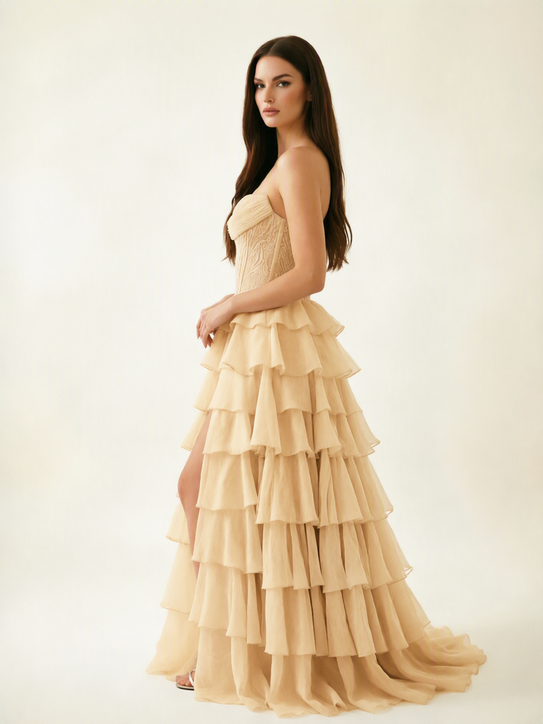 Strapless Lace Corset Tiered High Slit Prom Dress