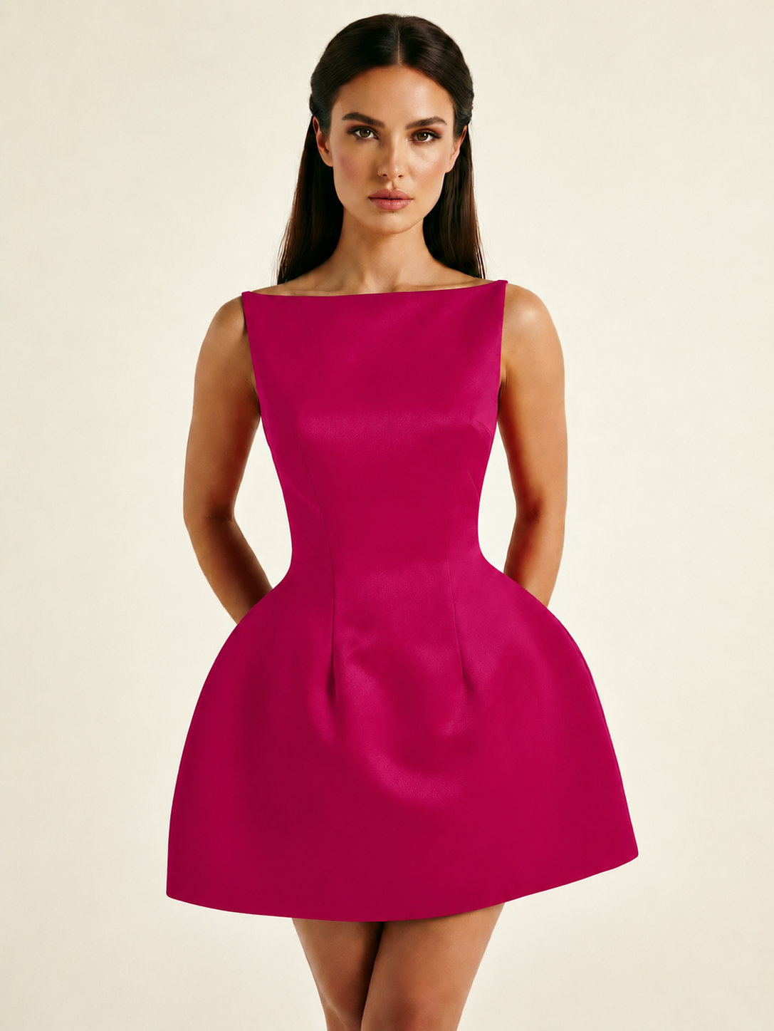 Satin Boat Neck Open Back Fit & Flare Mini Dress