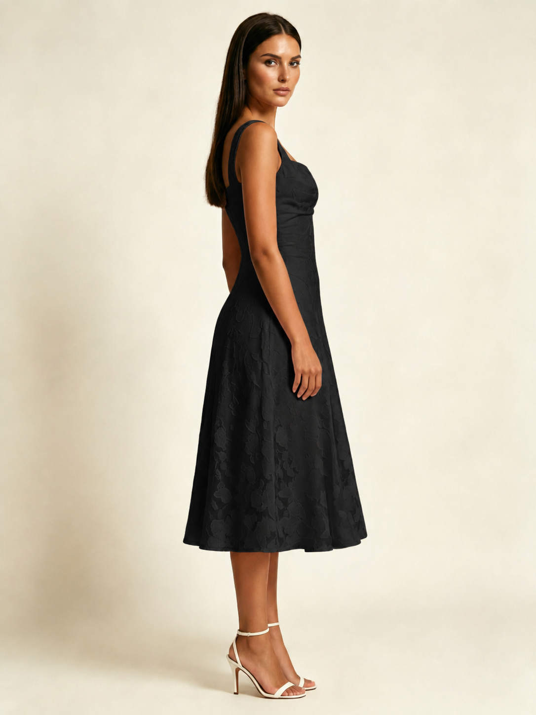 3D Floral Jacquard Square Neck Midi Dress