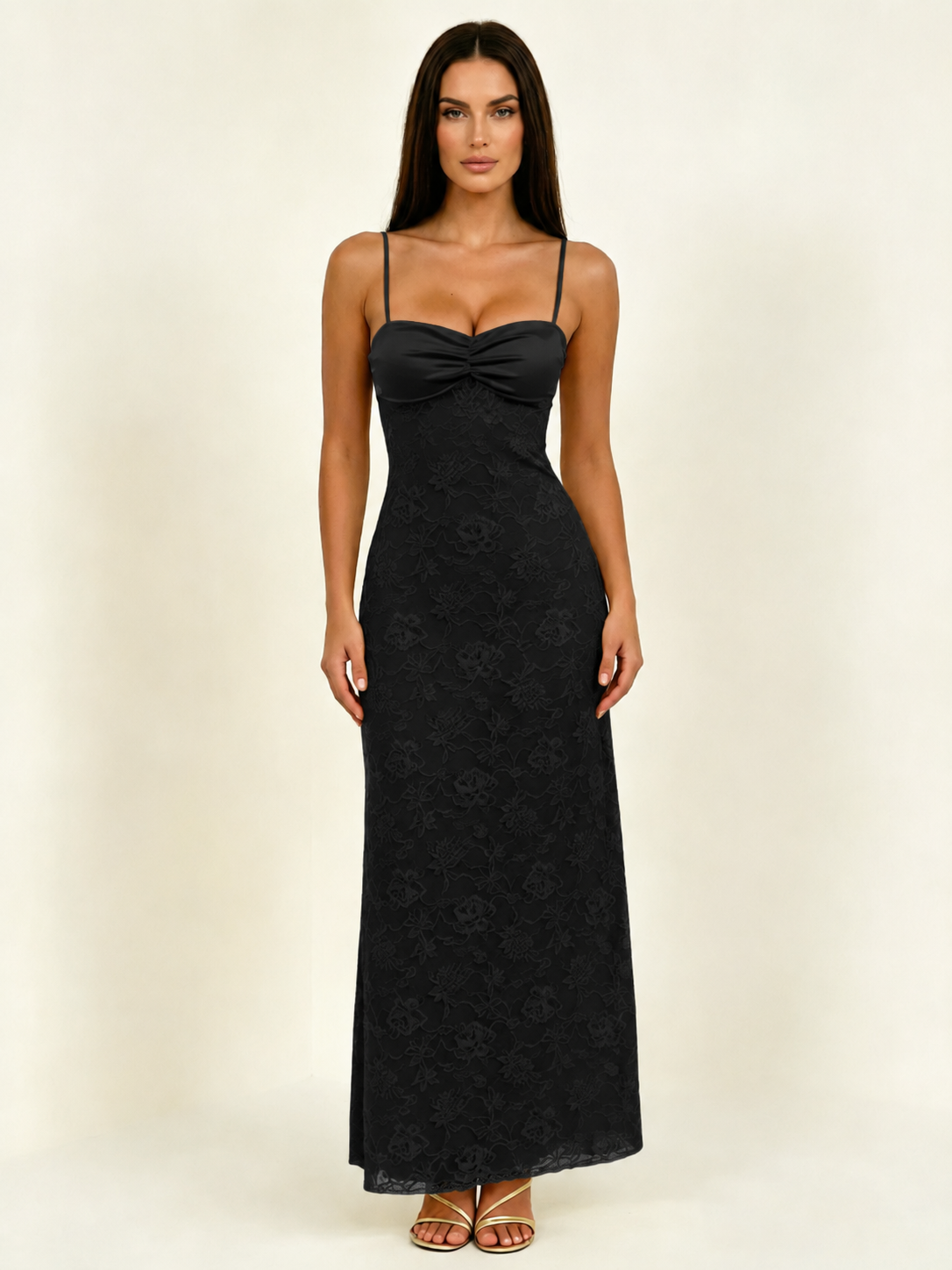 Satin Bust Lace Midi Maxi Dress, Spaghetti Strap Cross Lace Up Back Bridesmaid Dress