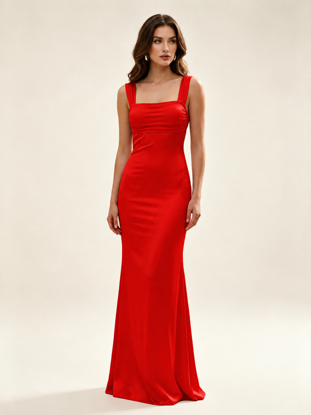 Satin Mermaid Bridesmaid Maxi Dress, Wide Strap Square Neck Cross Lace-Up Open Back