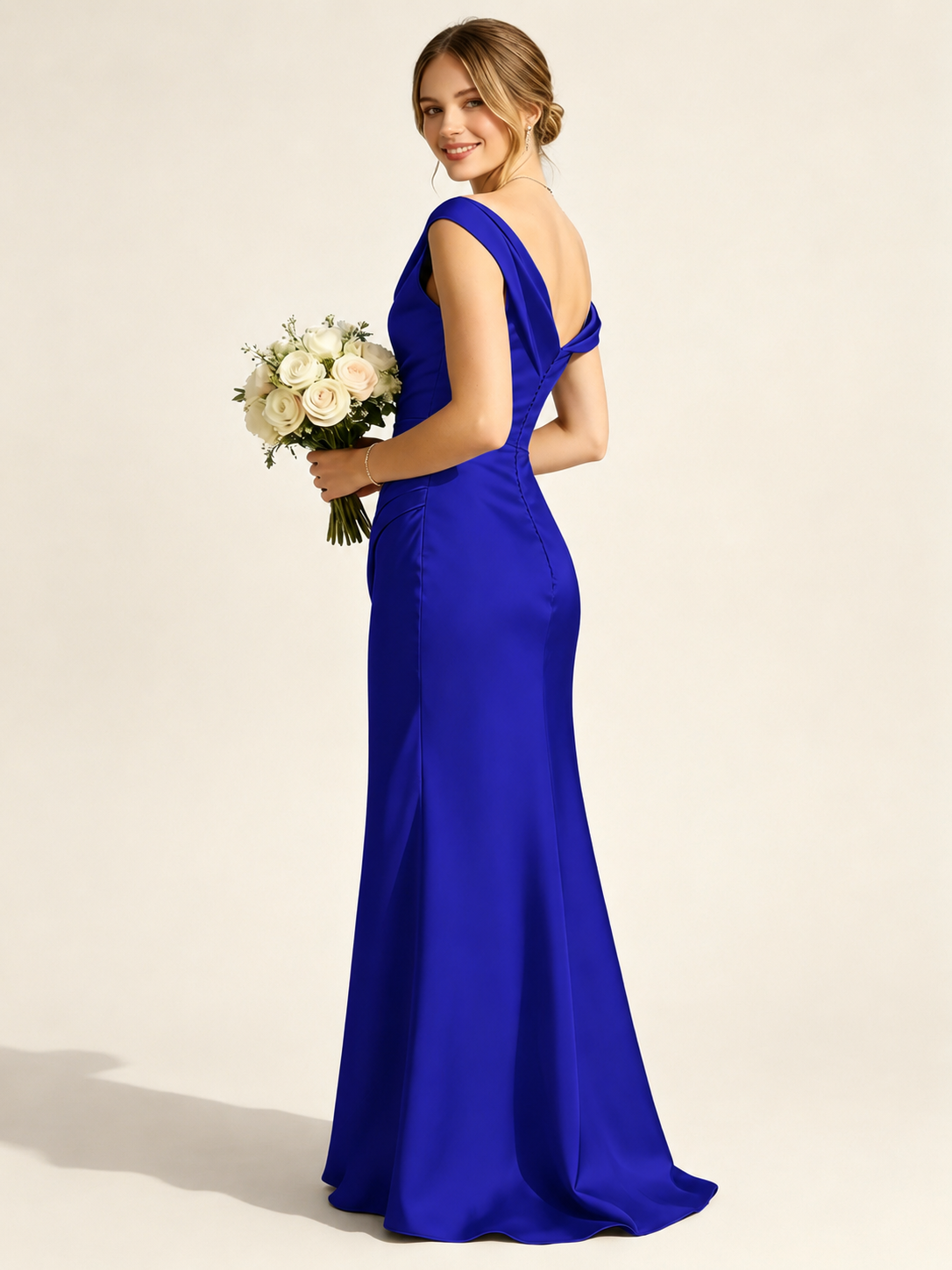 Satin Mermaid Bridesmaid Maxi Dress, Asymmetrical Off Shoulder Ruched Waist Open Back