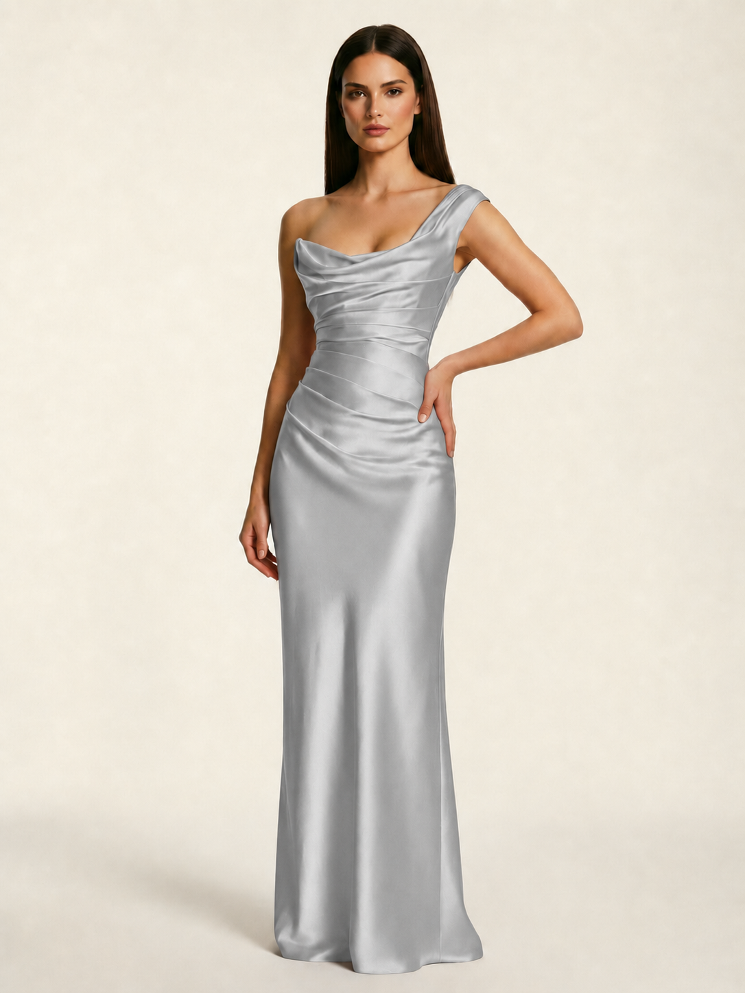 Single-shoulder satin back strap design formal dress