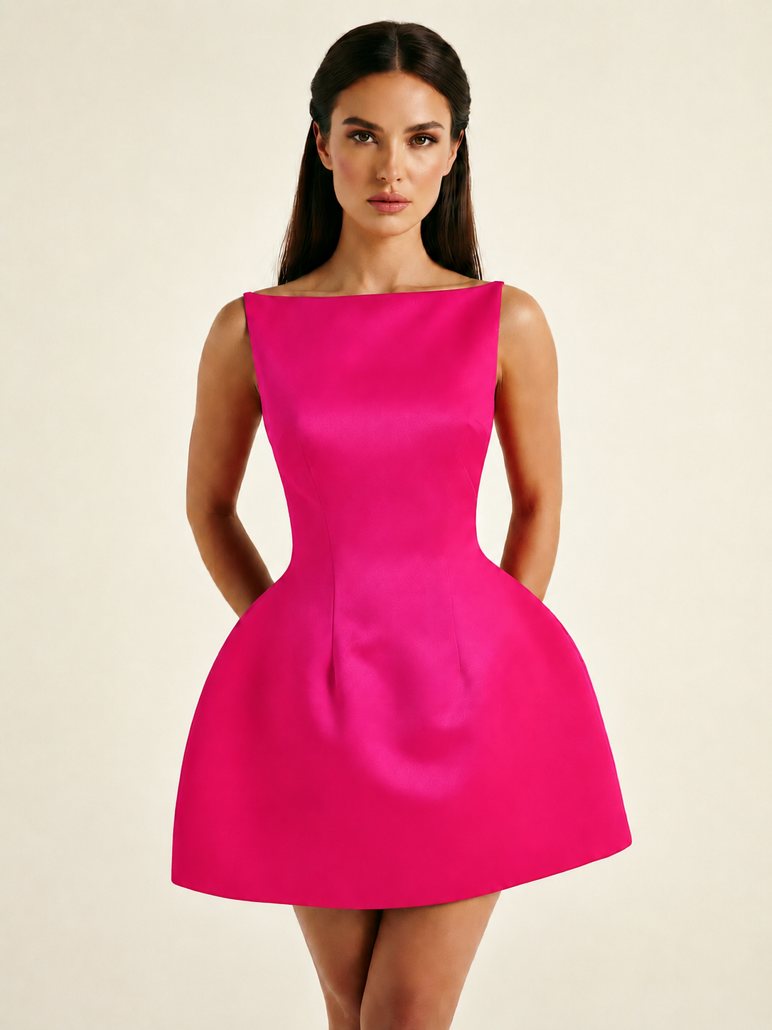 Satin Boat Neck Open Back Fit & Flare Mini Dress