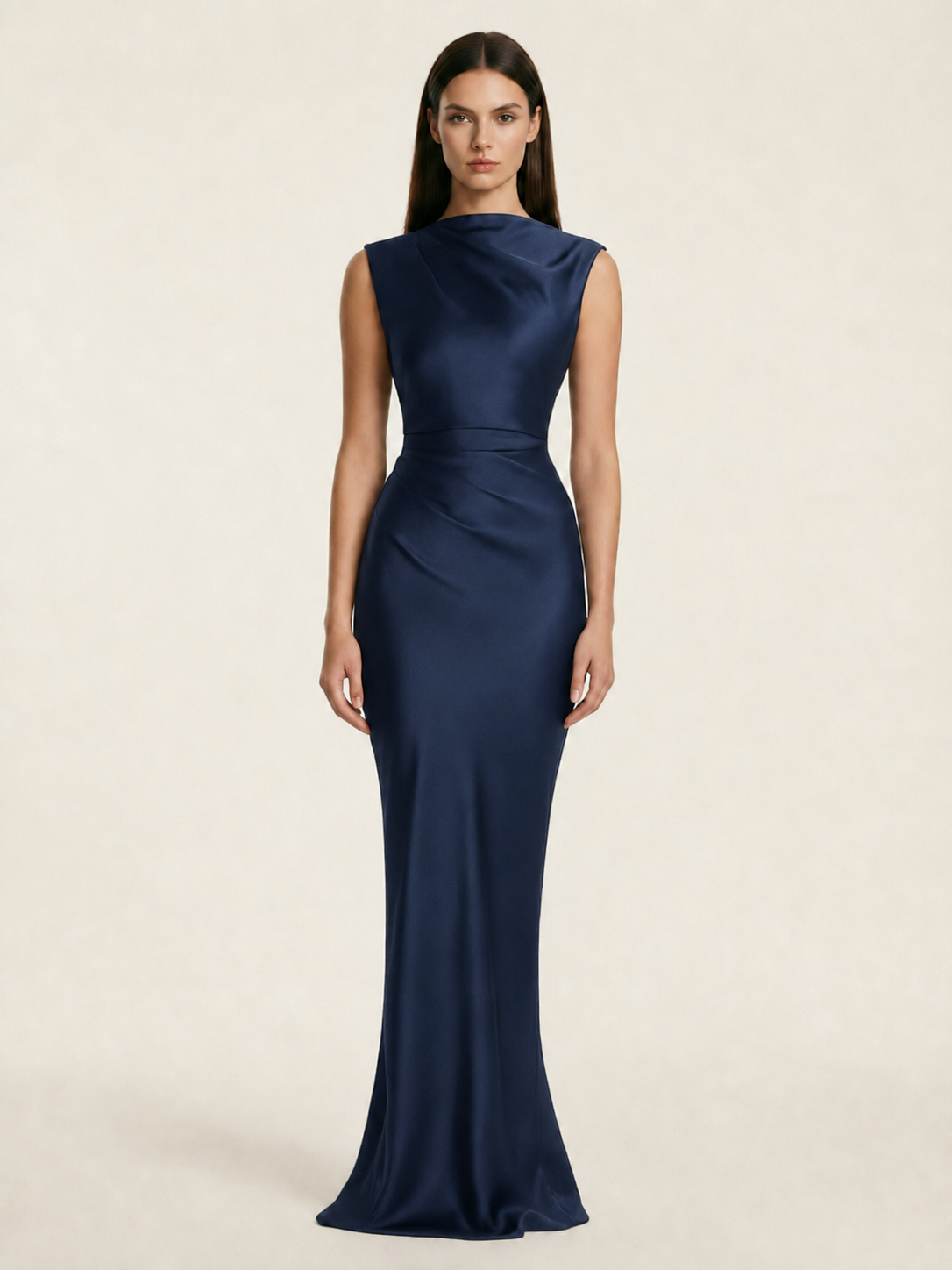 Sleeveless Draped Satin Mermaid Cutout Back Formal Dress