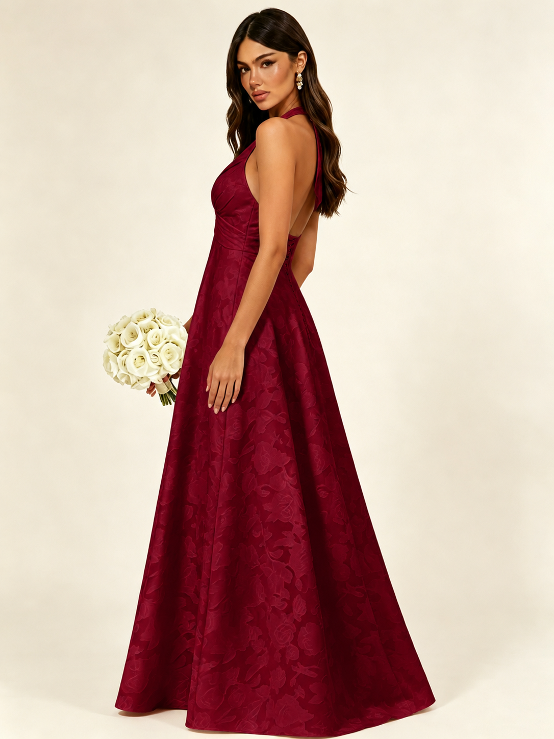 Floral Jacquard Halter Deep V A-Line Maxi Dress Backless Lace-Up Corset Bridesmaid Dress