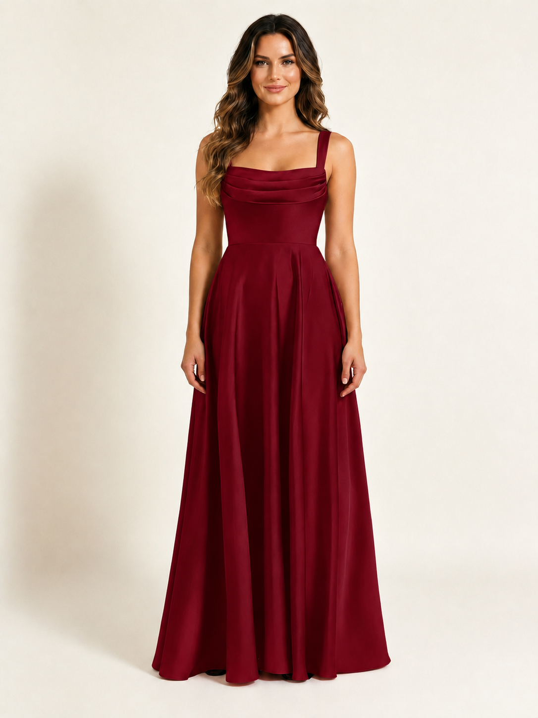 Satin Draped Cowl Square Neck A-Line Maxi Bridesmaid Dress