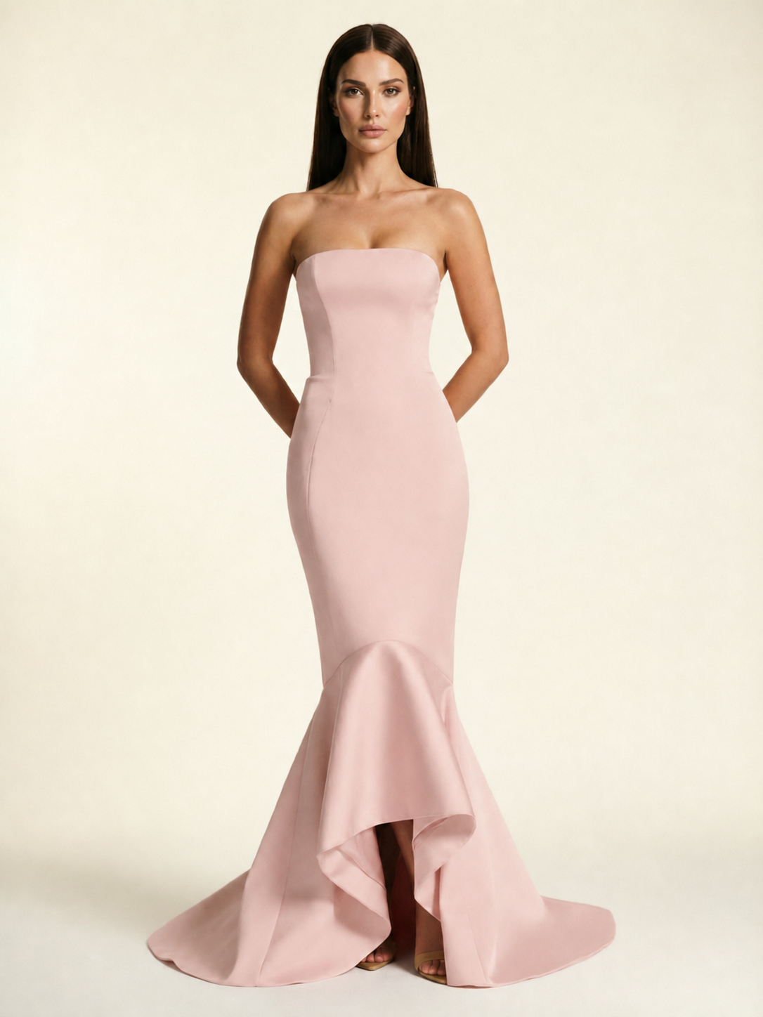 Strapless Satin Mermaid Dress With Ruffled Train & Lace-Up Back