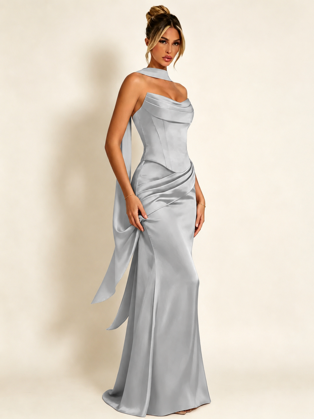 Satin Cowl Neck Mermaid Evening Dress with Corset Bodice and Draped Straps