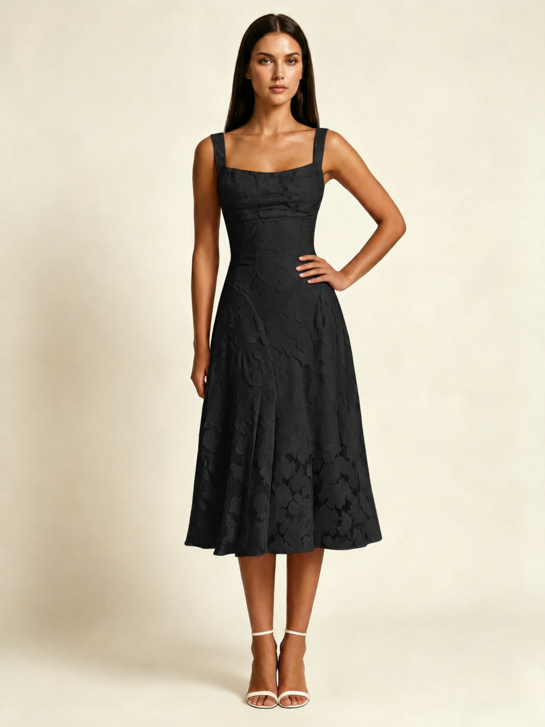 3D Floral Jacquard Square Neck Midi Dress