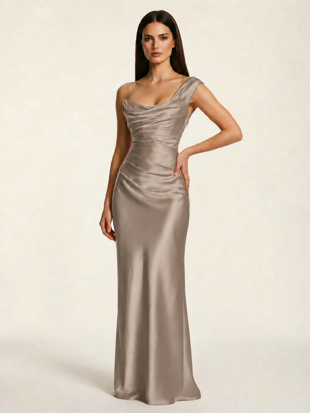 Single-shoulder satin back strap design formal dress