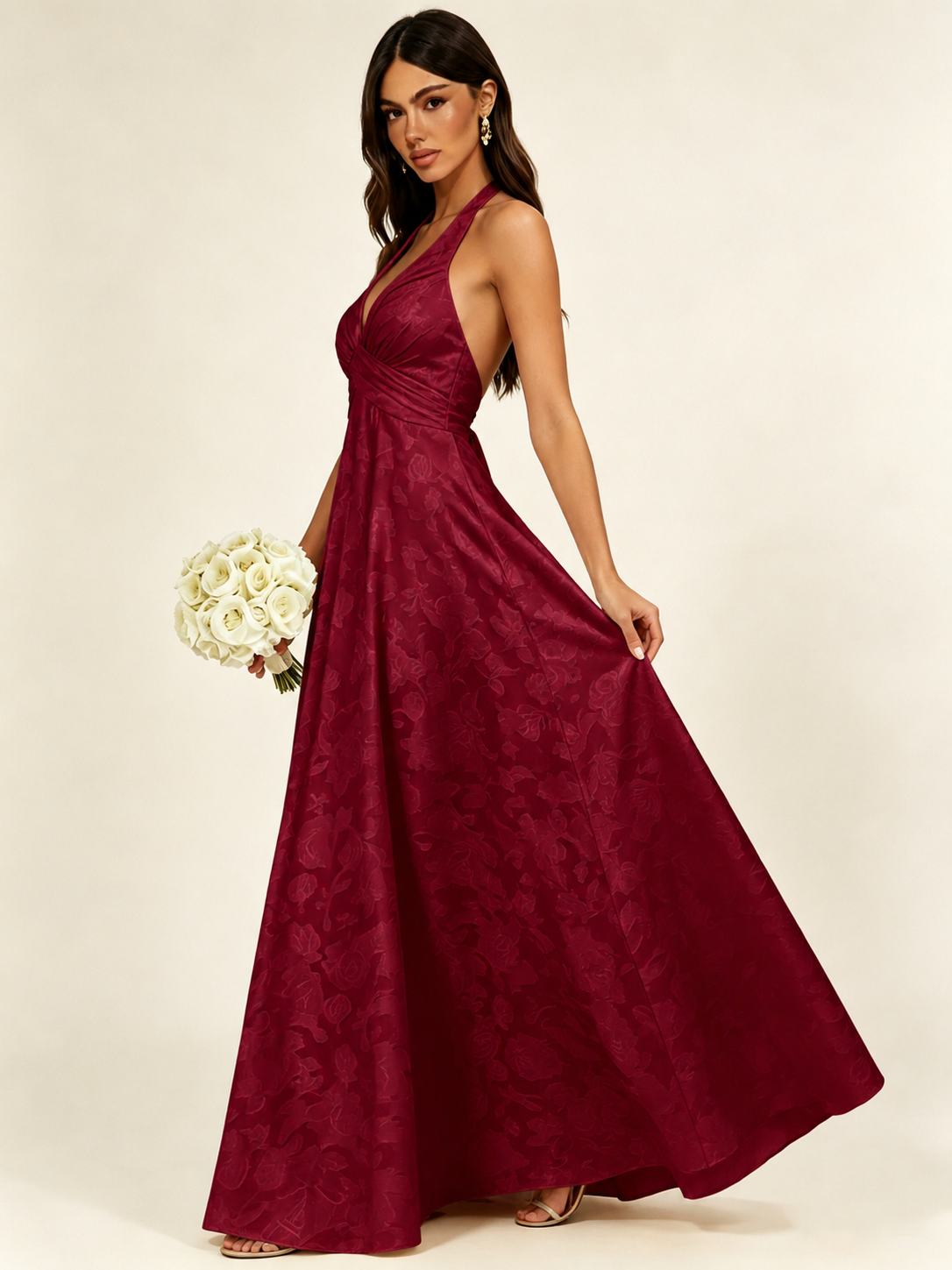 Floral Jacquard Halter Deep V A-Line Maxi Dress Backless Lace-Up Corset Bridesmaid Dress