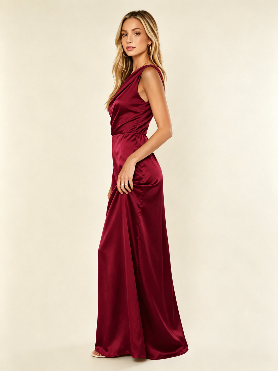 Satin One Shoulder Maxi Dress Asymmetric Draped High Slit Bridesmaid Dress