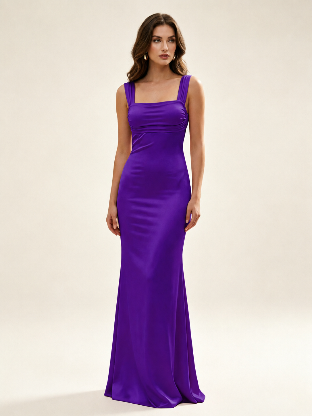 Satin Mermaid Bridesmaid Maxi Dress, Wide Strap Square Neck Cross Lace-Up Open Back