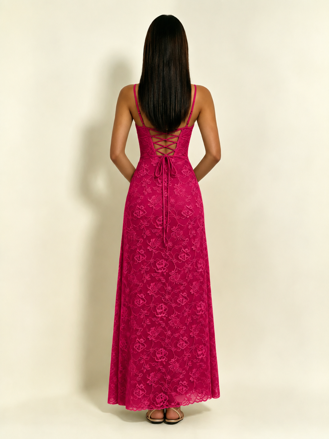 Satin Bust Lace Midi Maxi Dress, Spaghetti Strap Cross Lace Up Back Bridesmaid Dress