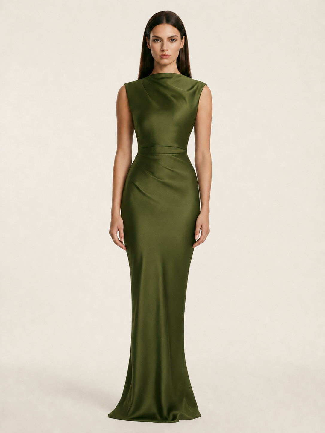 Sleeveless Draped Satin Mermaid Cutout Back Formal Dress