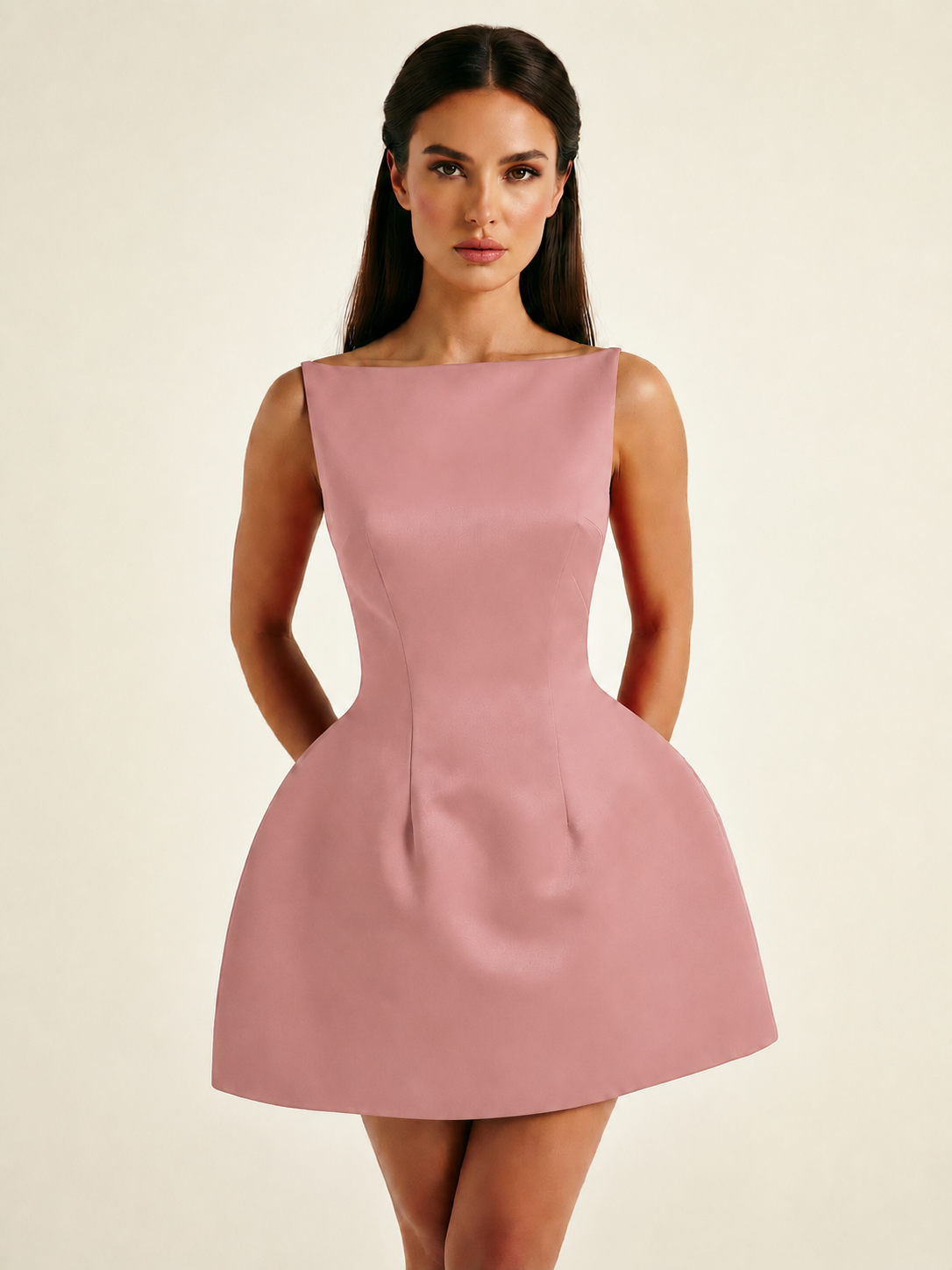 Satin Boat Neck Open Back Fit & Flare Mini Dress