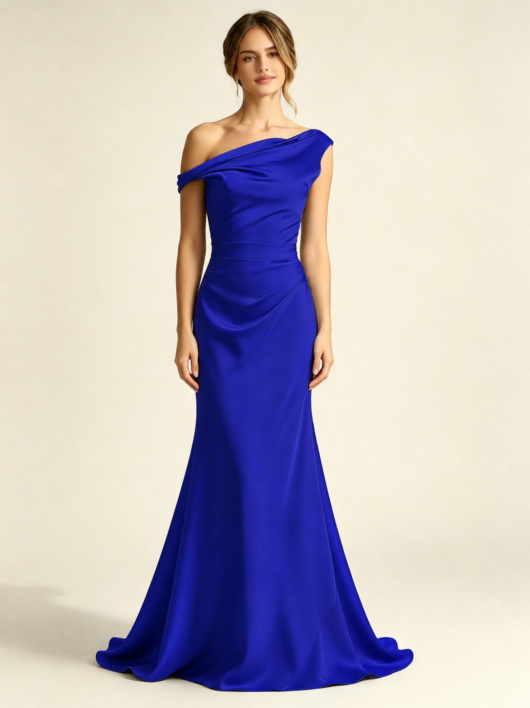Satin Mermaid Bridesmaid Maxi Dress, Asymmetrical Off Shoulder Ruched Waist Open Back
