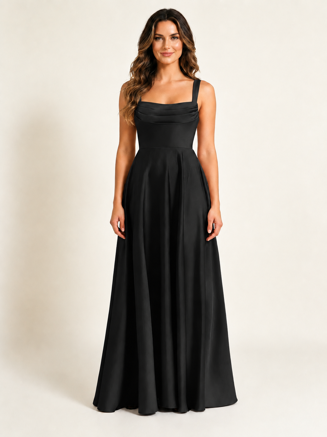 Satin Draped Cowl Square Neck A-Line Maxi Bridesmaid Dress