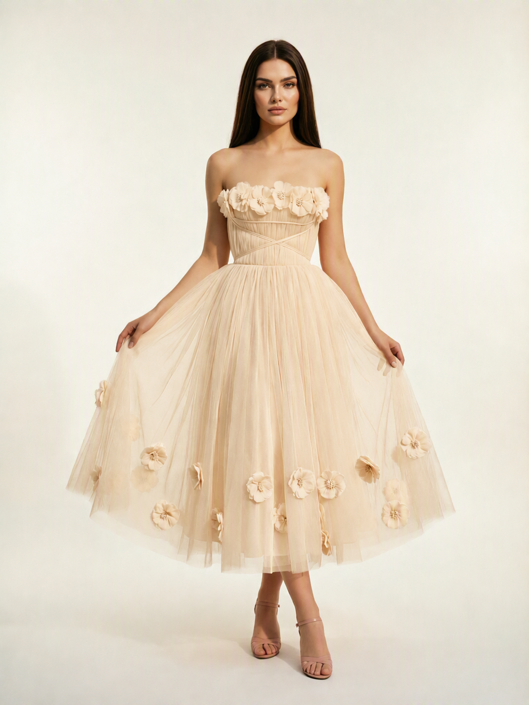 Strapless Tulle Midi Dress with 3D Floral Appliqués, Lace-Up Corset Back