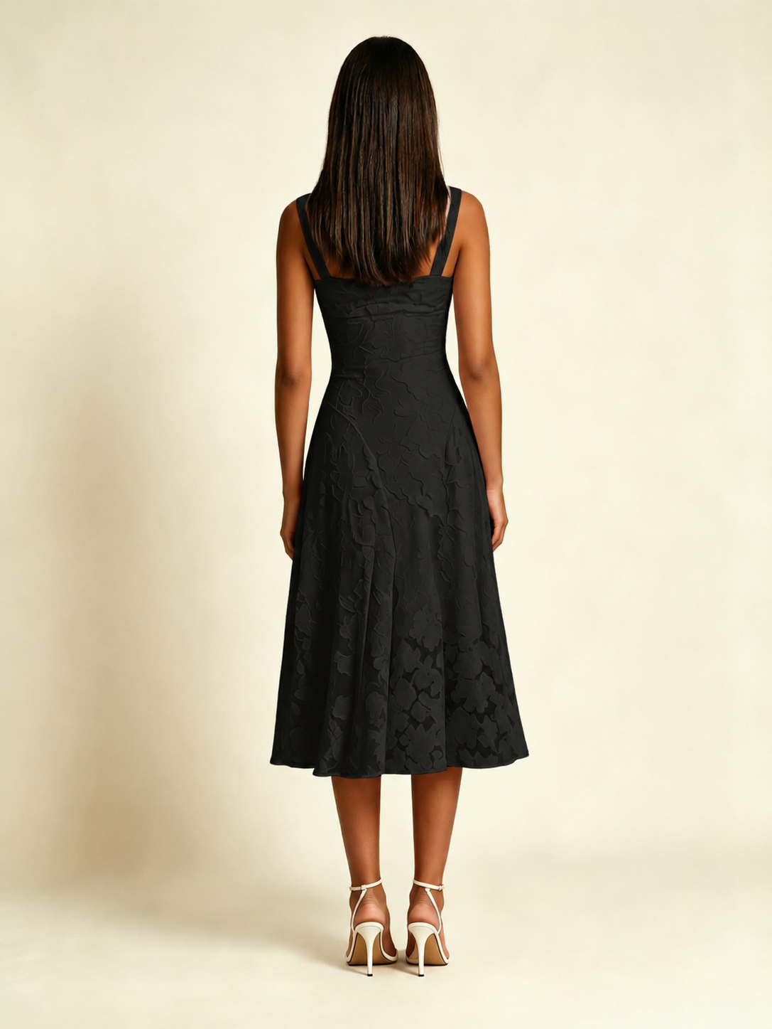 3D Floral Jacquard Square Neck Midi Dress