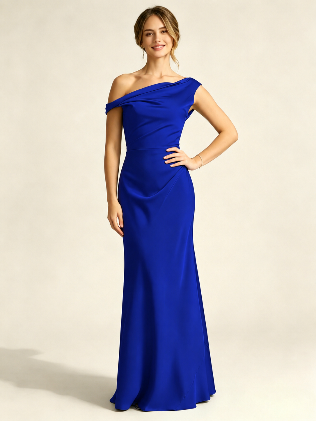 Satin Mermaid Bridesmaid Maxi Dress, Asymmetrical Off Shoulder Ruched Waist Open Back