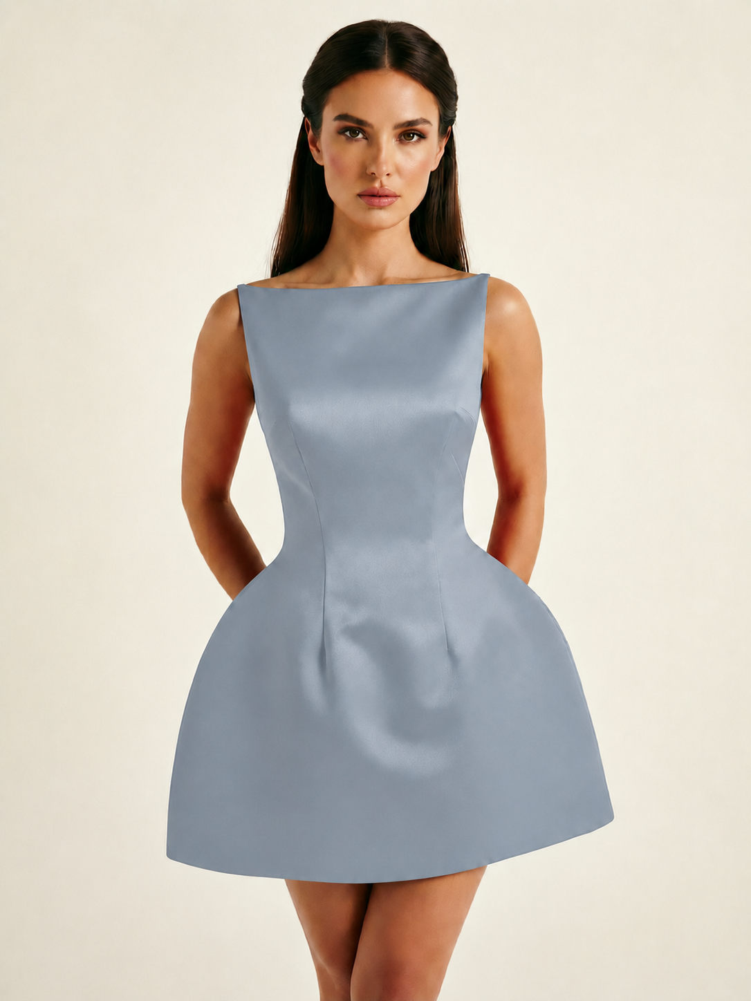 Satin Boat Neck Open Back Fit & Flare Mini Dress