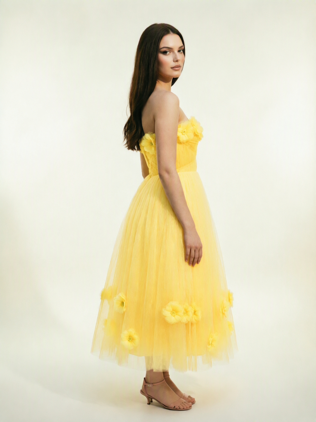 Strapless Tulle Midi Dress with 3D Floral Appliqués, Lace-Up Corset Back