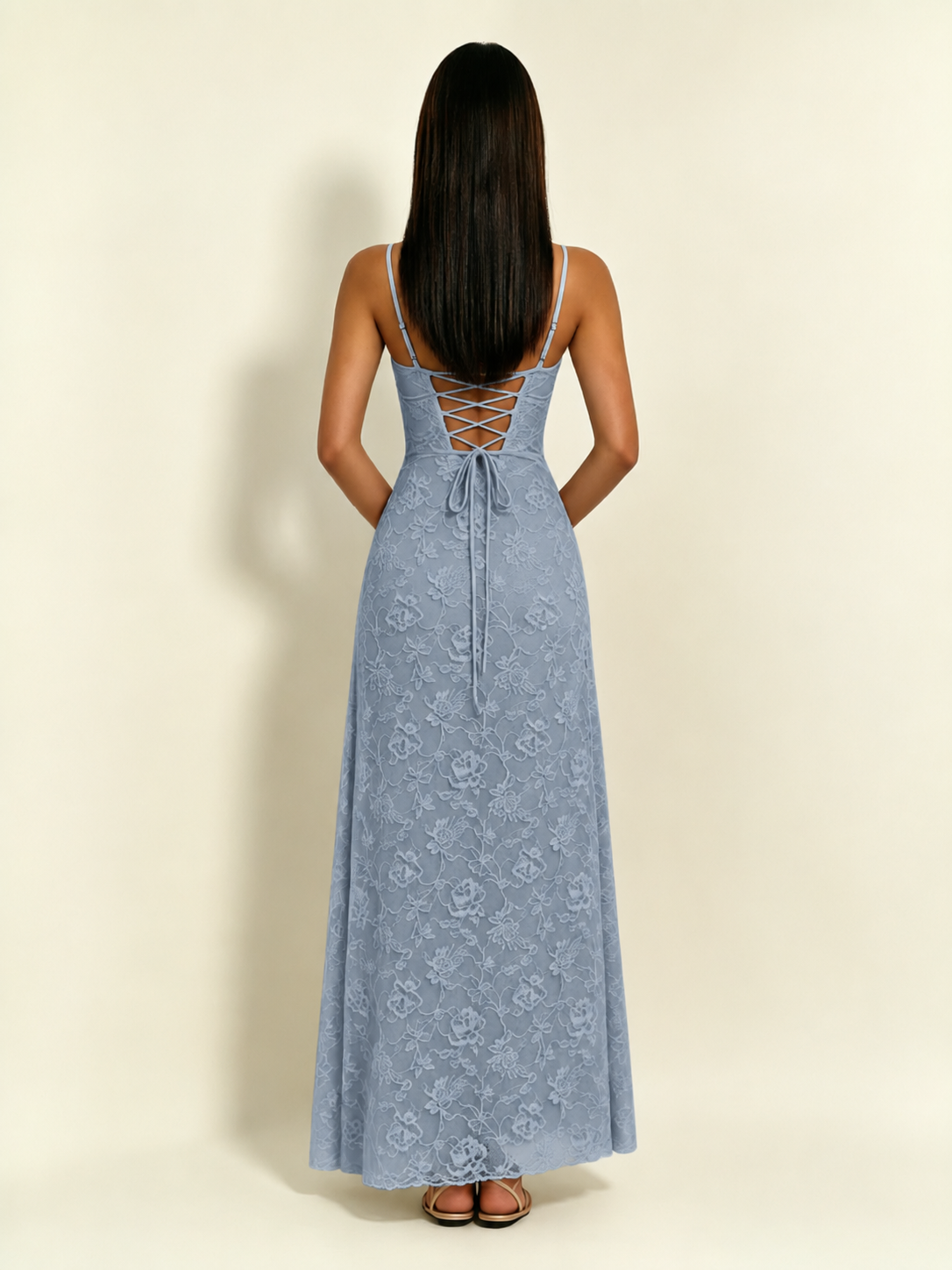 Satin Bust Lace Midi Maxi Dress, Spaghetti Strap Cross Lace Up Back Bridesmaid Dress