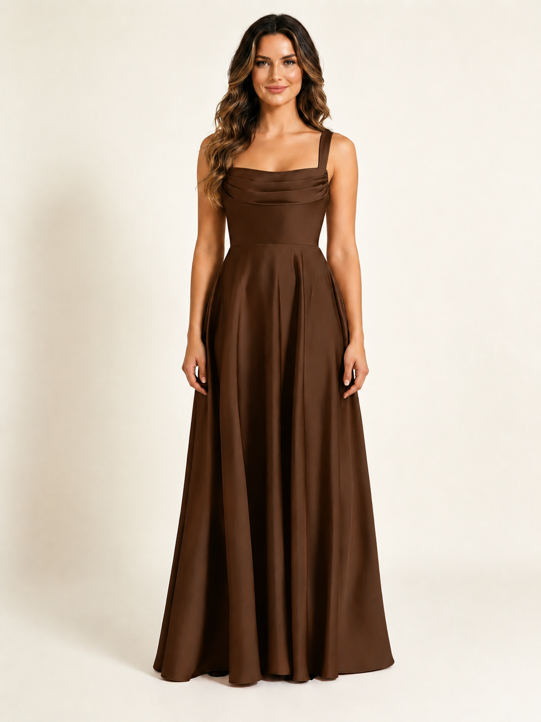 Satin Draped Cowl Square Neck A-Line Maxi Bridesmaid Dress
