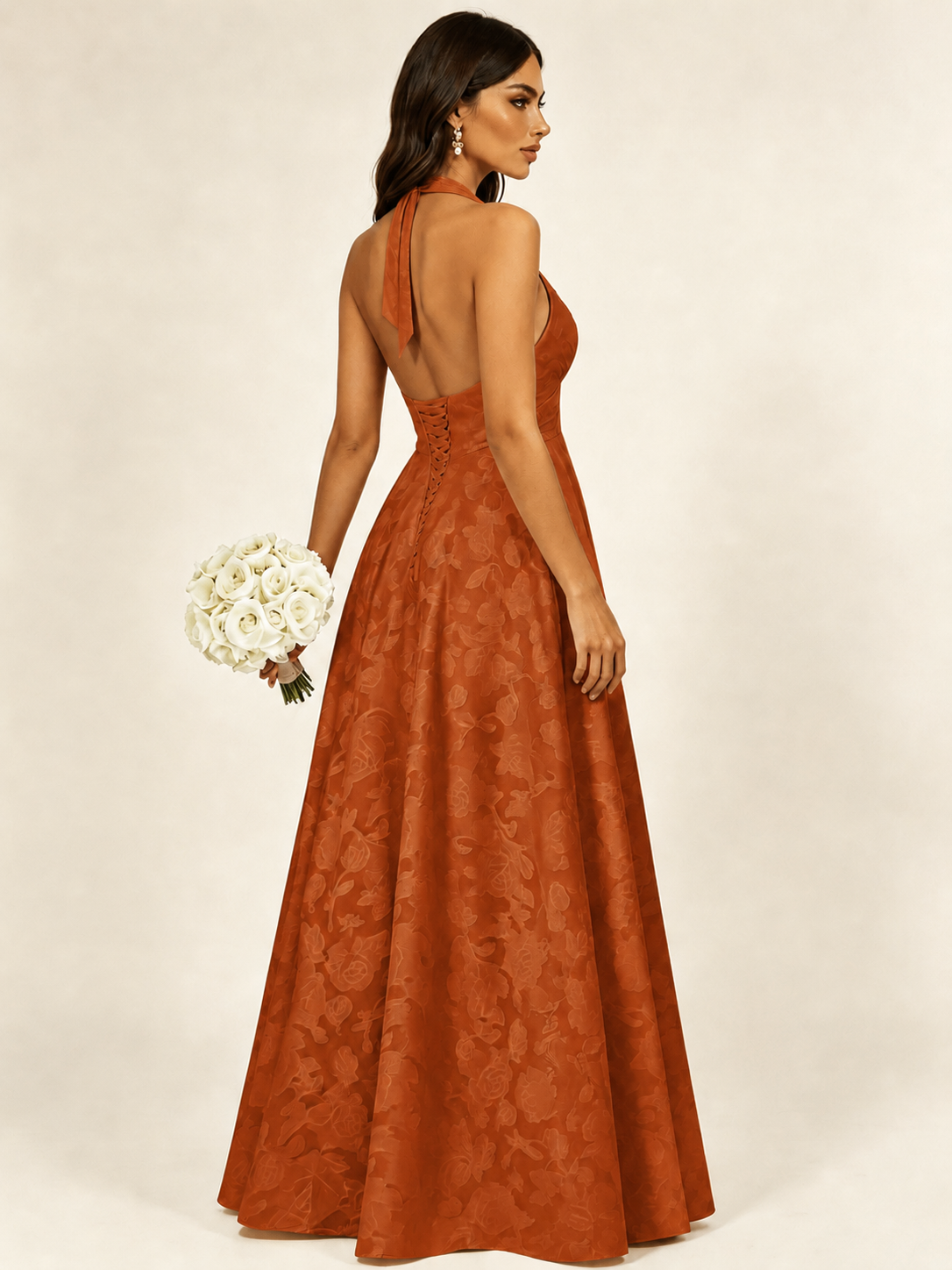 Floral Jacquard Halter Deep V A-Line Maxi Dress Backless Lace-Up Corset Bridesmaid Dress