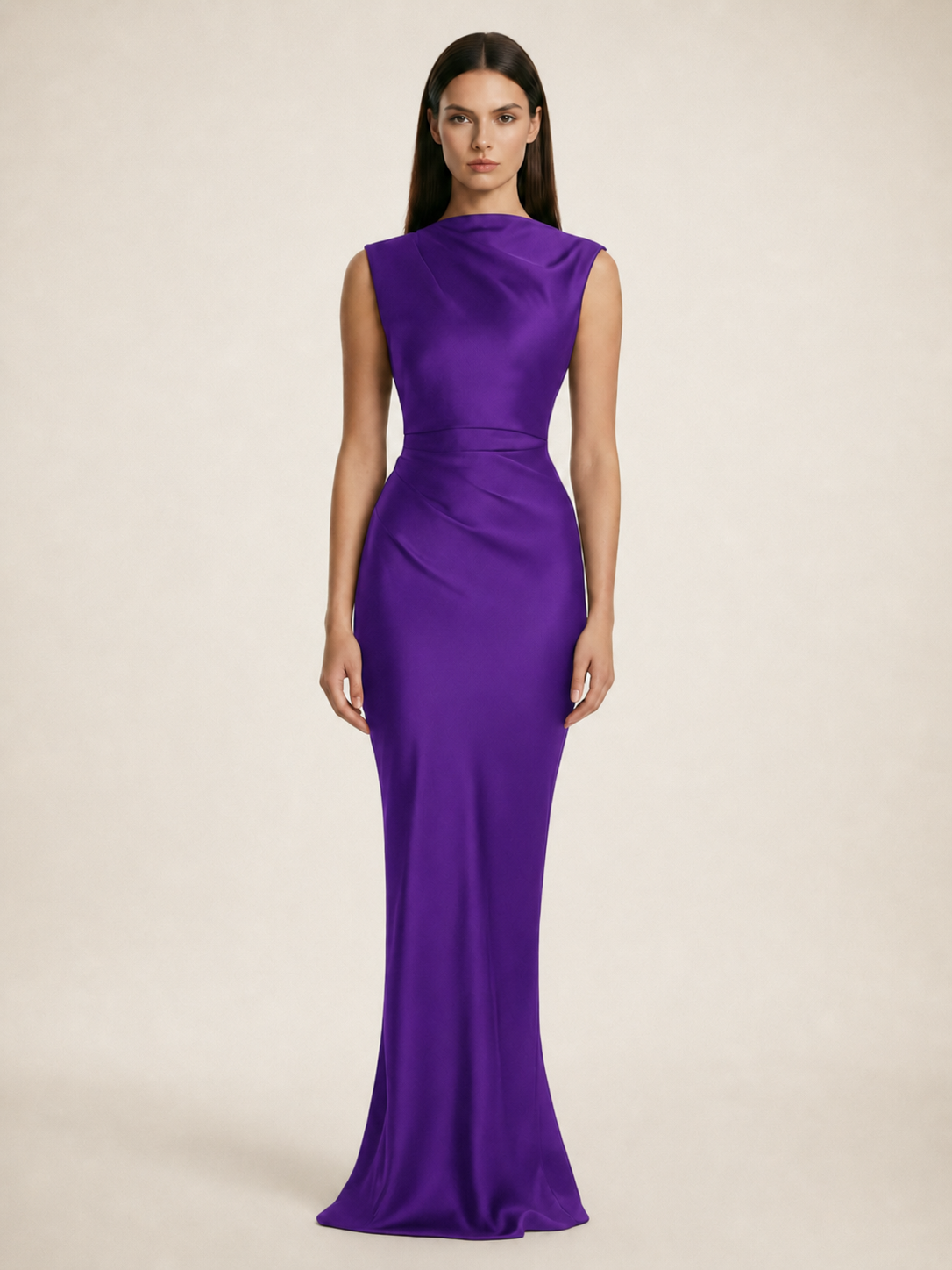 Sleeveless Draped Satin Mermaid Cutout Back Formal Dress