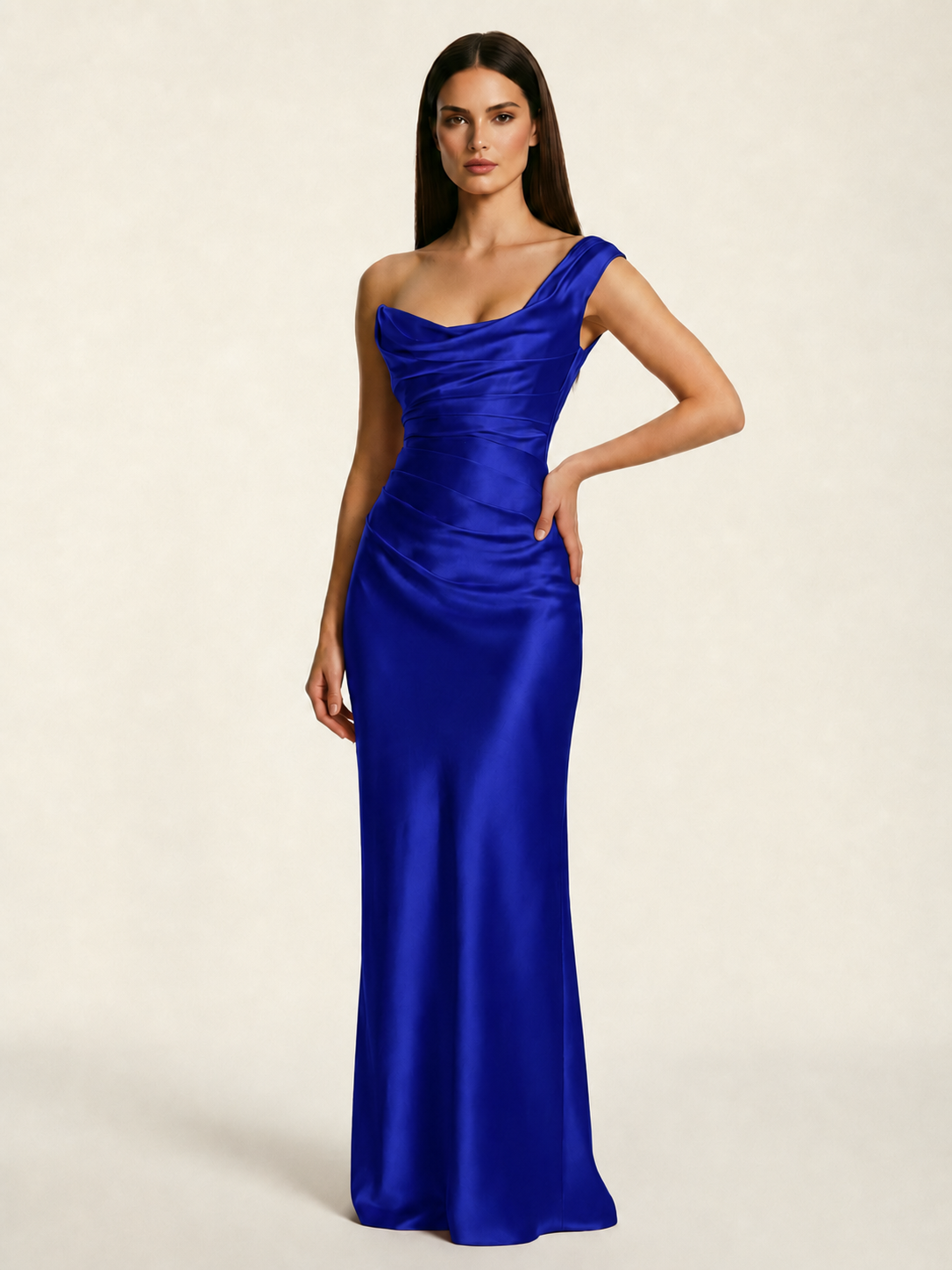 Single-shoulder satin back strap design formal dress