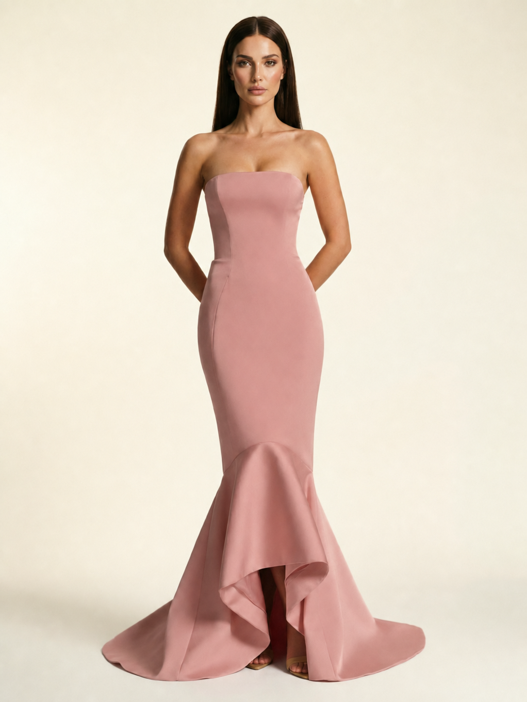 Strapless Satin Mermaid Dress With Ruffled Train & Lace-Up Back