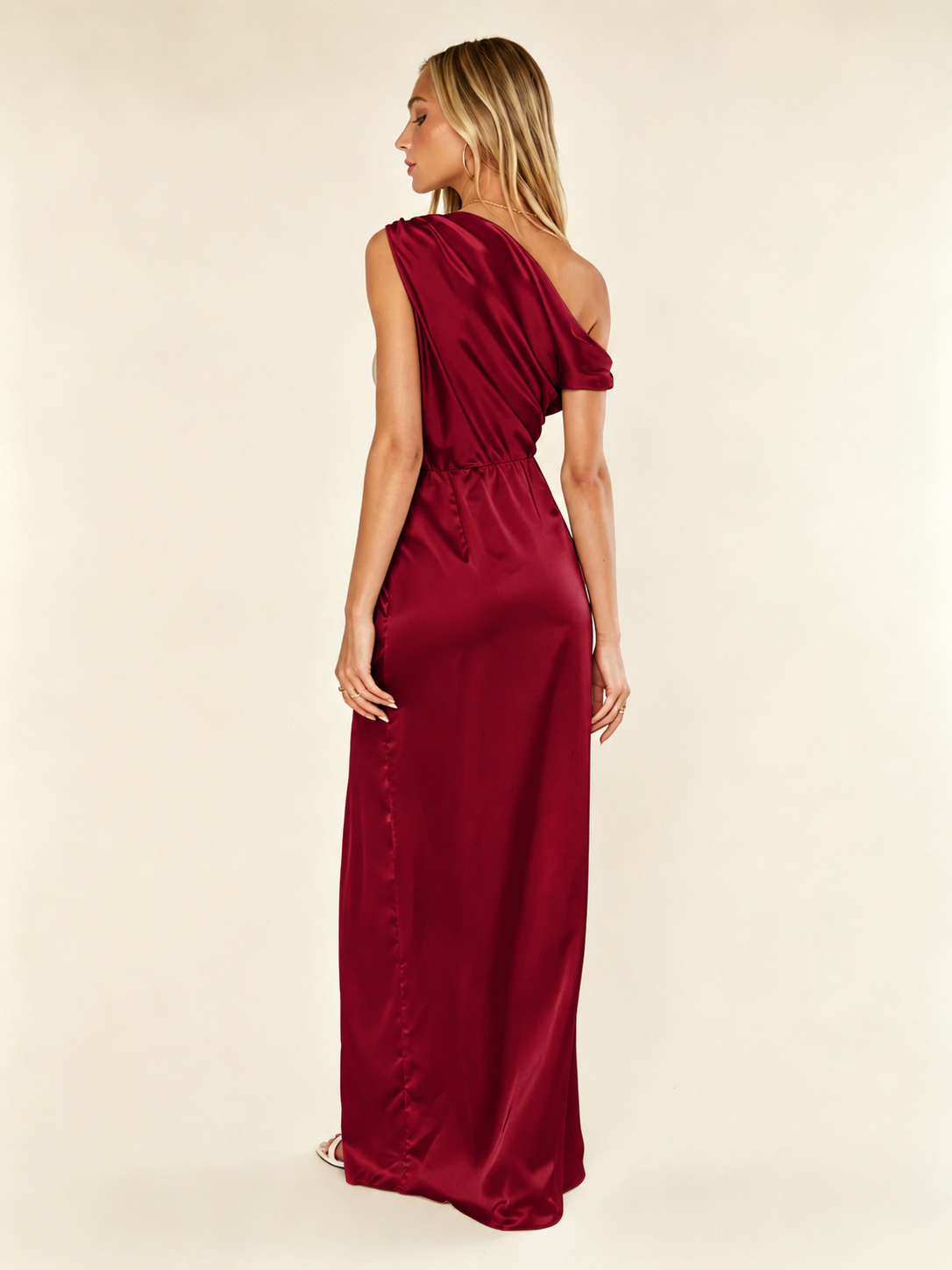 Satin One Shoulder Maxi Dress Asymmetric Draped High Slit Bridesmaid Dress