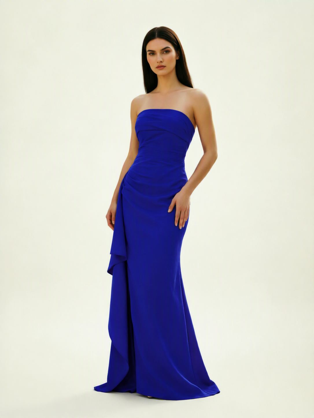 Strapless Mermaid Formal Gown with Side Slit & Draped Detail