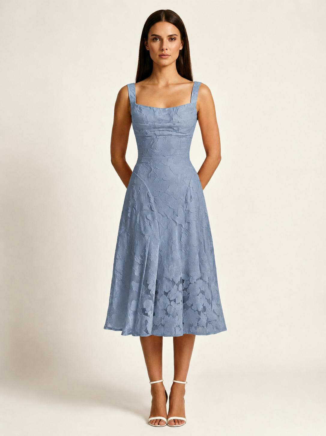 3D Floral Jacquard Square Neck Midi Dress