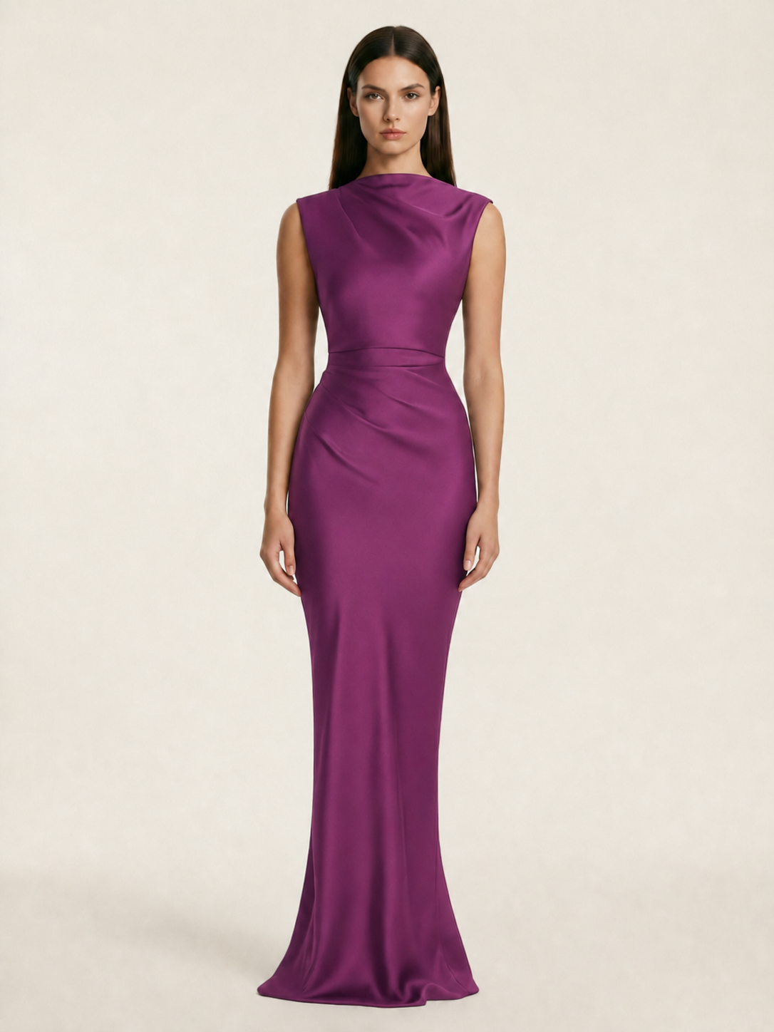 Sleeveless Draped Satin Mermaid Cutout Back Formal Dress