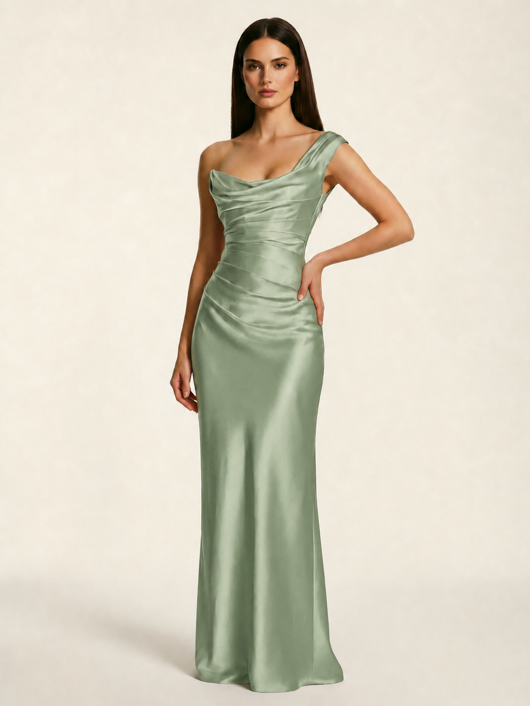 Single-shoulder satin back strap design formal dress