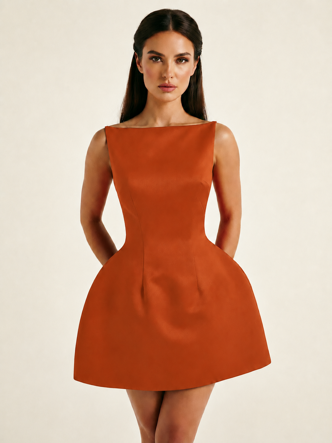 Satin Boat Neck Open Back Fit & Flare Mini Dress