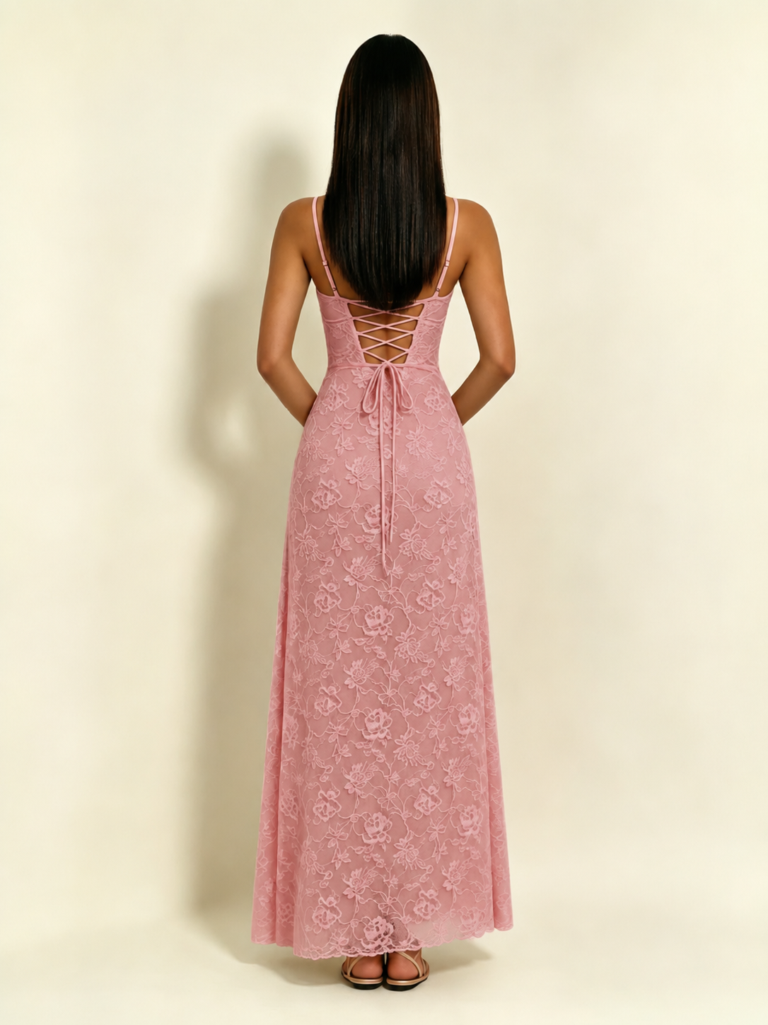 Satin Bust Lace Midi Maxi Dress, Spaghetti Strap Cross Lace Up Back Bridesmaid Dress